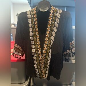 Black Embroidered Tassel Kimono Cardigan mp14